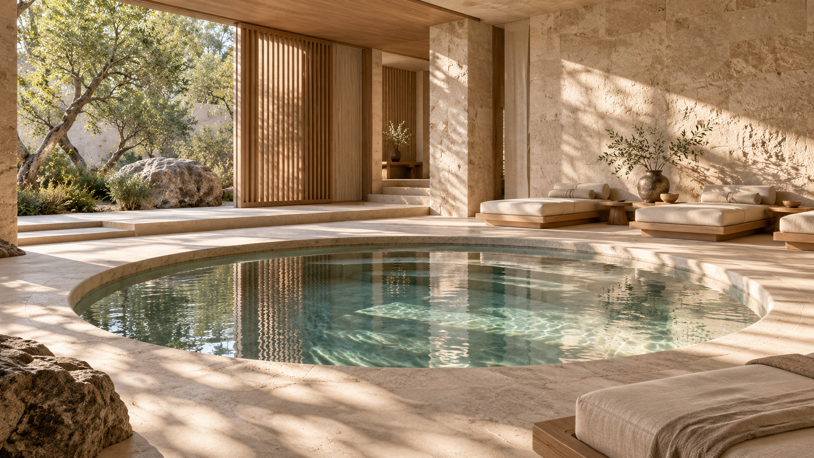 Illustrative quiet wellness space with pale stone and a circular pool